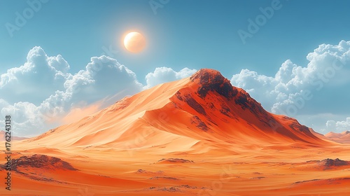 Orange mountains and blue sky landscape illustration