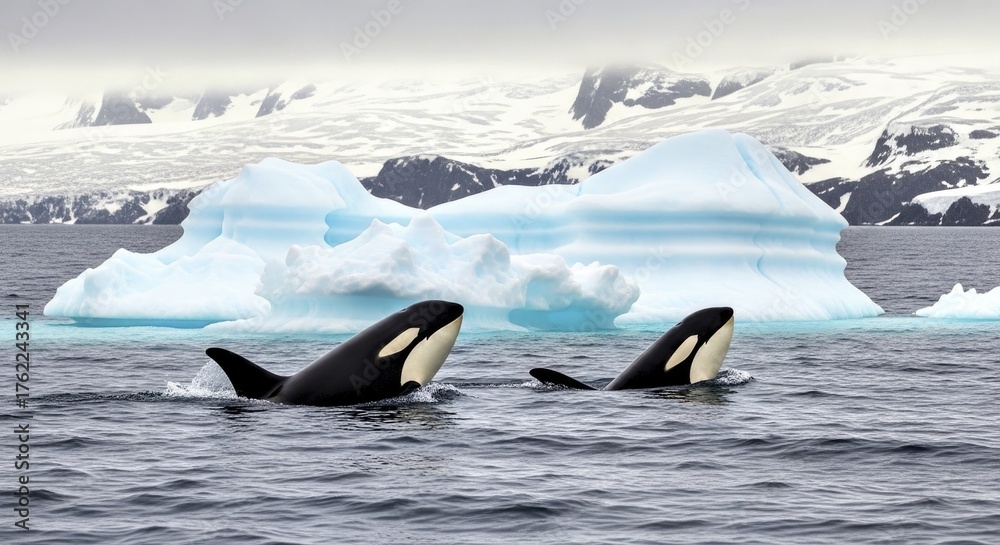 Obraz premium A pair of killer whales (orca) surfacing near iceberg 4