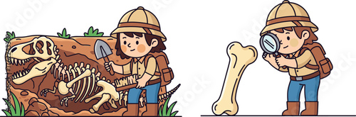 Young paleontologist cartoon, vector of fossil excavation and analysis, dinosaur bones discovery, outdoor science activity, educational adventure, prehistoric exploration theme