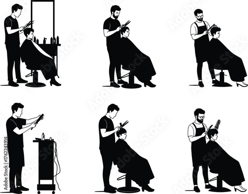 Hairstylist Silhouette Set Showing Haircut, Styling, and Tool Preparation Scenes in Professional Salon Environment with Clients and Equipment