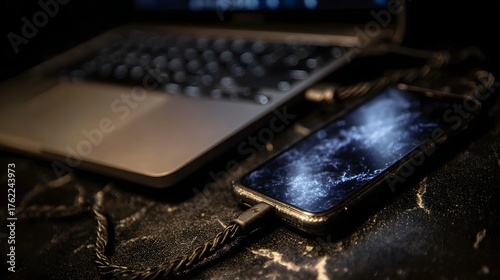 A modern smartphone connected to a laptop via a braided cable illuminated by its screen s glow in a dark textured environment