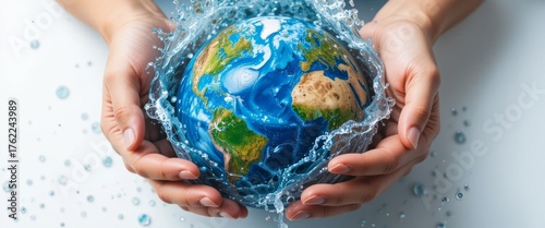 Hands cradling earth with soap bubbles for global awareness and saving the earth