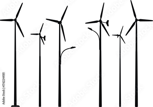 Hybrid Wind Turbine and Streetlight Silhouettes in Urban Renewable Energy Infrastructure Vector Set Featuring Multiple Sustainable Design Configurations