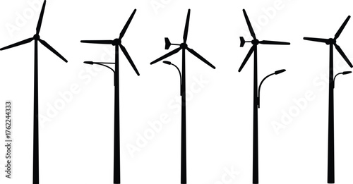 Wind Turbine Silhouettes with Integrated Streetlights for Renewable Energy and Urban Lighting in Sustainable Infrastructure Vector Illustration Set
