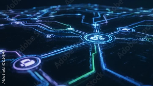 Futuristic digital network design showcases glowing lines and nodes, emphasizing connectivity and technology, while vibrant colors enhance innovation and communication in abstract visual experience