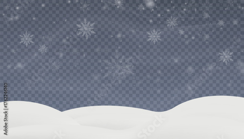 A Christmas winter background with a soft, snowy effect of falling snowflakes. The light snow and soft glow against the transparent background create the feeling of a winter landscape.