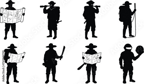 Explorer Silhouette Set Featuring Adventurers with Maps, Binoculars, Telescopes, Machetes, and Space Gear in Discovery Poses