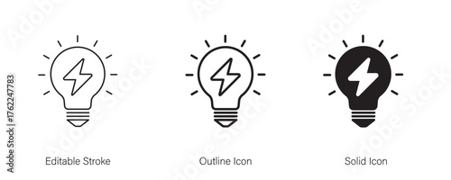 Lightning in light bulb icon. Bulb innovation. Electric energy and fuel, electrical charge power, creative solution.  line and solid icon element for app and web. Vector illustration. Editable stroke.