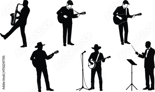 Musician and Conductor Silhouette Set Featuring Guitar, Banjo, Saxophone Players, and Stage Performance Poses with Microphones and Baton