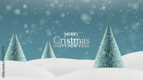 Christmas Winter Background. A realistic winter backdrop with snow-covered hills, fir trees, and falling snowflakes, creating a festive effect.