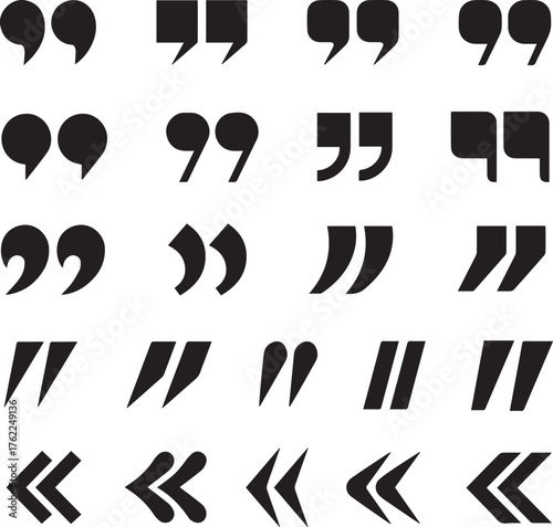Quotation Mark Glyph Grid – 25 Stylized Punctuation Icons Including Angled, Curved, and Straight Quotes