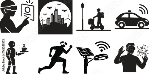 A collection of black and white silhouette icons illustrating smart city elements, augmented reality, and futuristic transportation and technology.