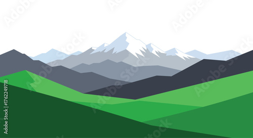 Geometric mountain range with green hills and snow capped peaks landscape nature
