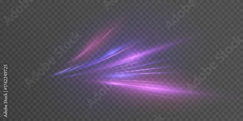 Violet light lines with bright glow and dynamic acceleration effect. Energy speed stripes for gaming and racing interfaces, futuristic HUD elements and digital design.	
