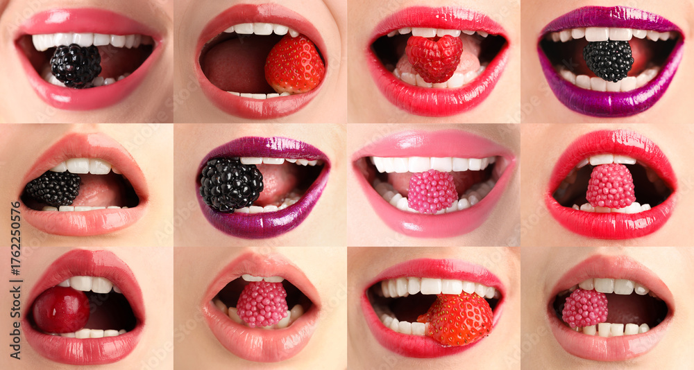 Fototapeta premium Women holding different berries and candies in mouth, closeup. Female lips with different shades of lipstick, collage