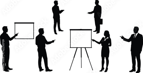 Business Presentation Silhouette Set Featuring Professionals with Blank Boards, Gestures, Briefcases, and Tablets in Corporate Settings