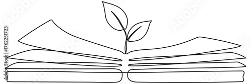 Continuous line drawing open book with sprout plant. Knowledge concept. Vector illustration isolated on white.