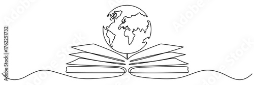Continuous line drawing open book with Earth globe. World knowledge concept. Vector illustration isolated on white.