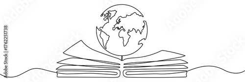 Continuous line drawing open book with Earth globe. World knowledge concept. Vector illustration isolated on white.
