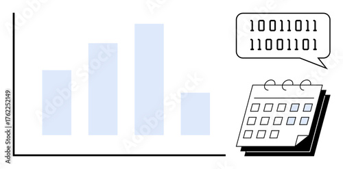 Bar chart with four bars, binary code in speech bubble, and calendar icon. Ideal for data analysis, planning, scheduling, coding, finance time management and project tracking concepts. Simple flat