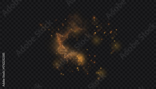 A magical, bright, glittering effect of fine particles with a golden glow and sparkling shine on a transparent background. An abstract effect for fantasy, game interfaces, and festive digital design.