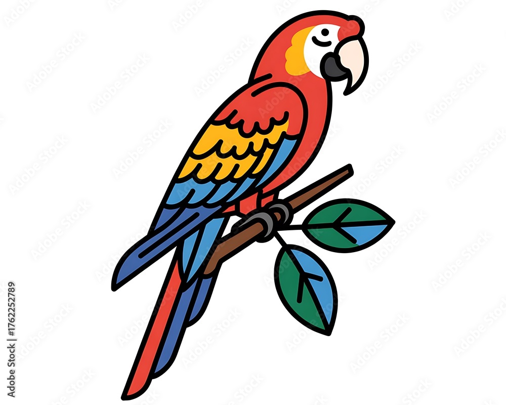 Fototapeta premium Colorful macaw parrot perched on a branch with green leaves