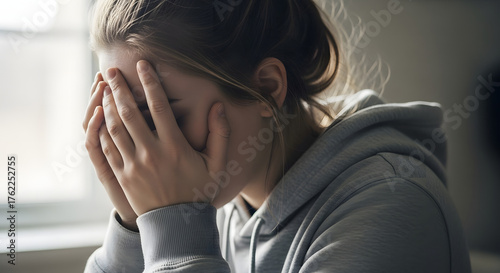 Young woman experiencing sadness depression and anxiety covering her face