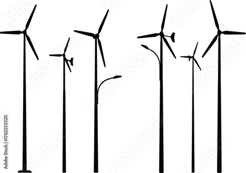 Hybrid Wind Turbine and Streetlight Silhouettes in Urban Renewable Energy Infrastructure Vector Set Featuring Multiple Sustainable Design Configurations