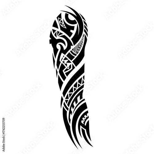 Elaborate Polynesian tribal sleeve tattoo design featuring intricate geometric patterns and traditional Samoan motifs