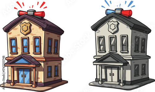 Cartoon police station illustration, colored and grayscale building design, whimsical law enforcement concept, siren light detail, civic architecture art