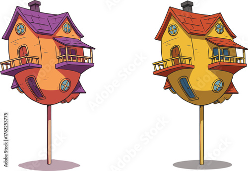 Whimsical pole-mounted house illustration, fantasy architecture concept, twisted cartoon building design, colorful vertical home art, imaginative storybook dwelling structure