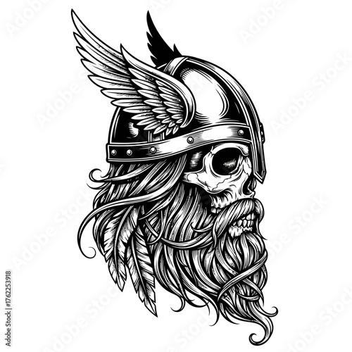 Monochrome illustration of a fierce Viking warrior skull with a long beard and a winged helmet, representing Norse mythology