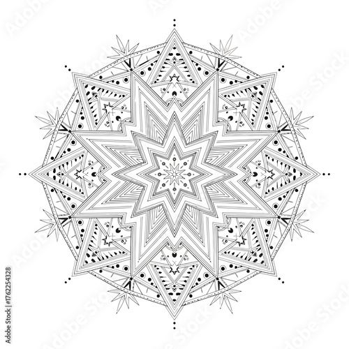 Hypnotic black and white sacred geometry mandala illustration, an intricate pattern designed for meditative contemplation and artistic expression, featuring an elaborate eight-pointed star motif