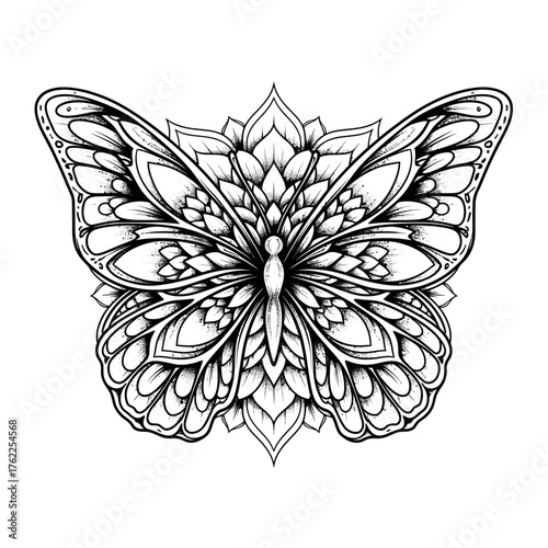 Beautiful butterfly with intricate mandala wings, a detailed black and white line art illustration for coloring or tattoo design