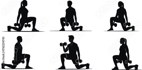 Dumbbell lunge silhouette illustration, fitness exercise pose, strength training movement, gym workout form, black figure posture, health concept, athletic stance