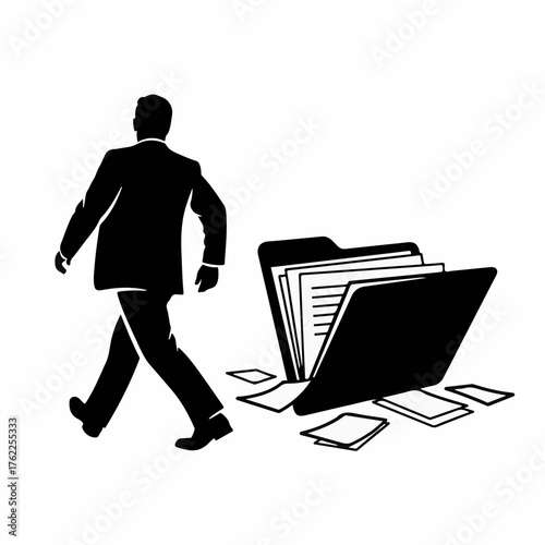 Businessman walks away from overflowing folder with scattered documents, symbolizing disorganization or moving on.