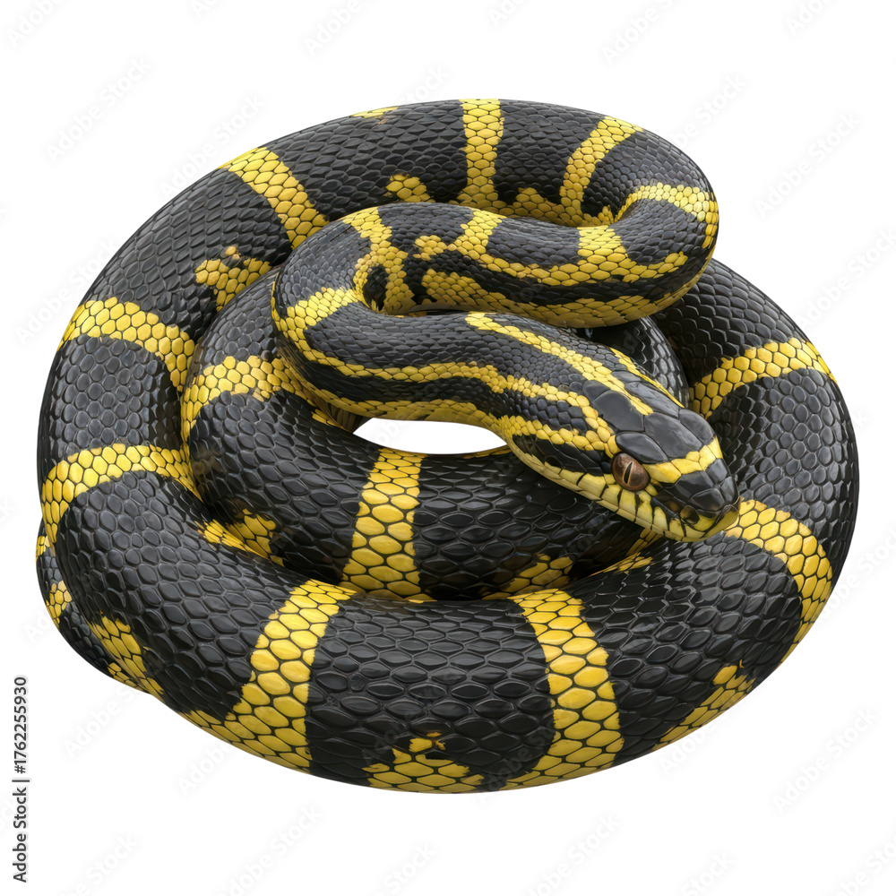 Obraz premium Coiled black and yellow snake on transparent background showcasing scales