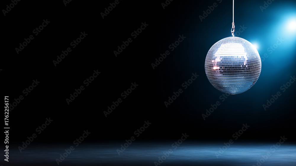 Fototapeta premium A large disco ball hangs from the ceiling, casting bright reflections across a dimly lit space