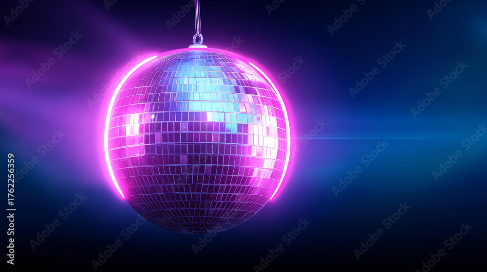 Obraz premium Bright lights reflect off a sparkling disco ball, casting colorful patterns across the dance floor at a lively nightclub. Guests enjoy the vibrant ambiance as music fills the air
