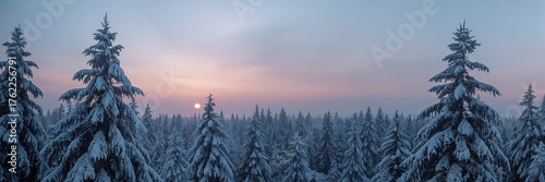 Winter sunset over a snow-covered forest landscape in tranquility