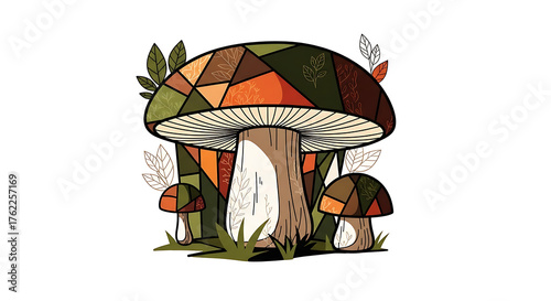 Geometric Autumn Fungi Quilt Patchwork Illustration