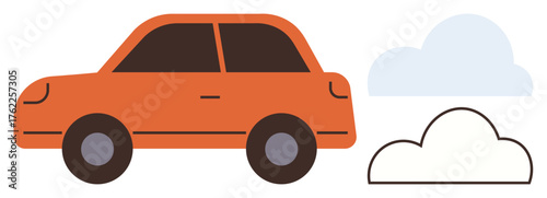 Orange car paired with two clouds in clean flat style. Ideal for transport, travel, environment, sustainability, minimalism, automotive themes, and road trip ideas. A simple flat metaphor