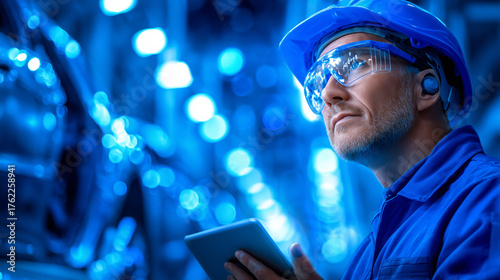 A skilled engineer wearing protective gear examines a tablet in a modern factory setting at night. The bright blue lights create an industrial atmosphere as he evaluates the production line
