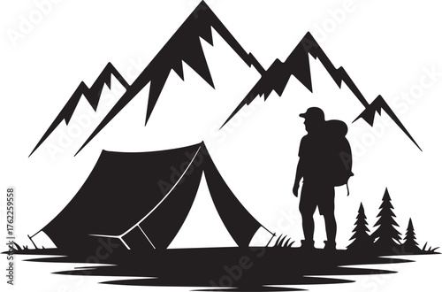 Vector of a mountaineer near a tent.