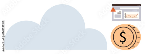 Large cloud element represents storage, with a browser window showing a graph and error alert, and a coin symbolizing financial data. Ideal for data storage, finances, security, alerts, monitoring