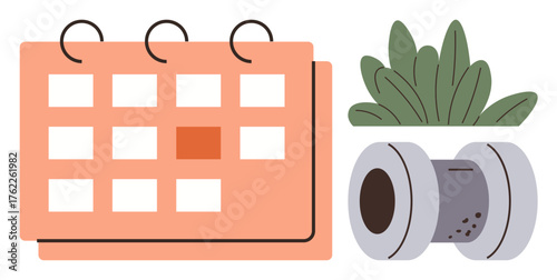 Calendar with emphasized date, potted plant, and tape roll promoting planning, creativity, work-life balance, eco-friendliness, minimalism, project management and mindfulness. A simple flat metaphor