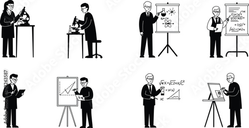 STEM Silhouette Set Featuring Scientists and Educators in Lab, Math, and Data Presentation Scenes with Microscopes and Equations