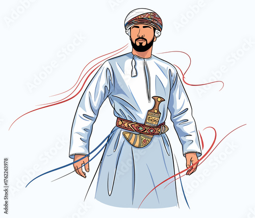 Omani Man Traditional Dress Dishdasha Khanjar Arabic Attire Middle Eastern Culture