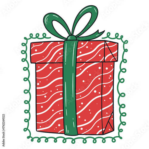 Christmas Red Present Box Illustration with Green Bow Vector Illustration Design