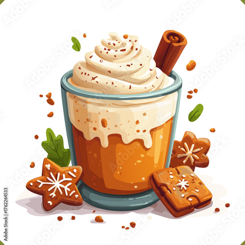 Vector illustration of festive glass of eggnog with whipped cream, cinnamon stick and gingerbread cookies isolated on a white background. Vector illustration of winter beverage on white background